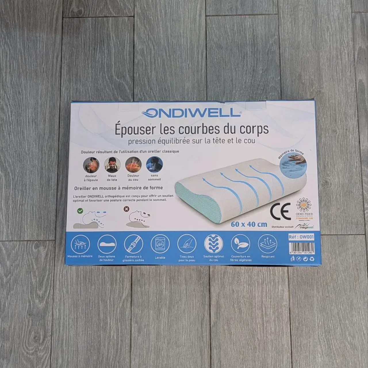 Ondiwell OW001 – Oreiller Cervical Orthopédique en Mousse à Mémoire de Forme Wave 60×40 cm