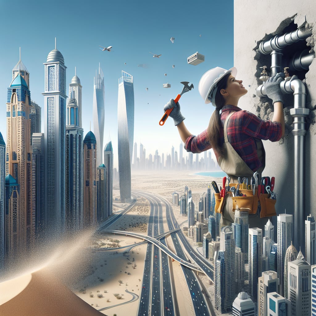 Plumber fixing pipe against Dubai skyline, highlighting urban plumbing challenges and desert climate impact.