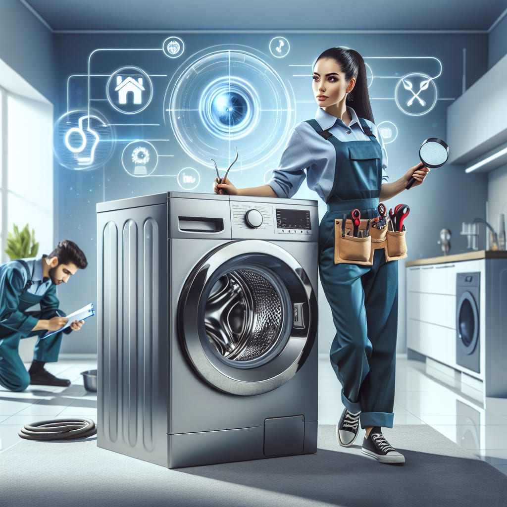 Technician inspecting washing machine leaks; icons show faulty hoses, damaged seals, clogged pumps.