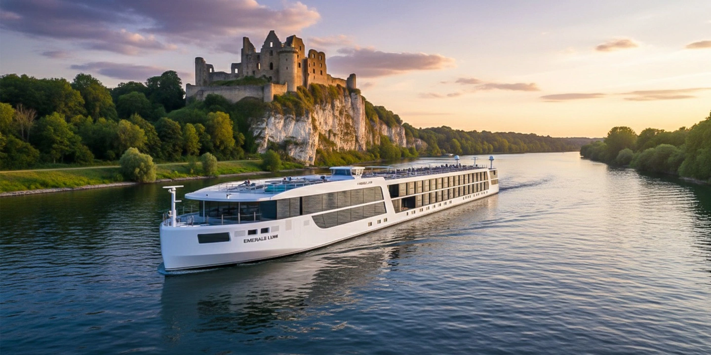 Emerald Cruises’ river ship Emerald Lumi sailing along the Seine near Les Andelys at sunset, with the ruins of Château Gaillard perched on the white cliffs above the tree-lined riverbank.