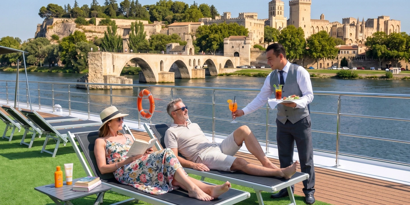 Guests relaxing on Scenic Sapphire’s sun deck with views of Pont d’Avignon