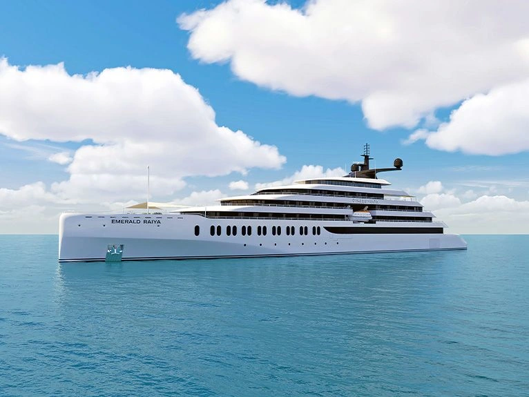 Emerald Raiya Discovery Yacht CGI rendering at sea