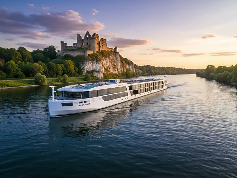 Emerald Luna river cruise ship passing Les Andelys at sunset
