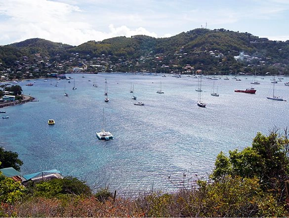 Boats moored in the blue waters of Port Elizabeth on Bequia Island, St. Vincent & the Grenadines surrounded by luscious greenery