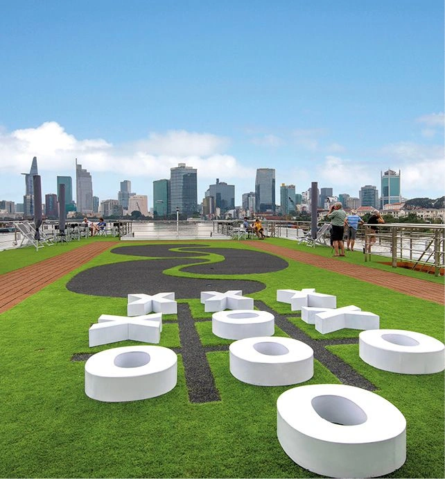 Life-size tic tac toe game board on the top deck of a luxury boutique river cruise ship