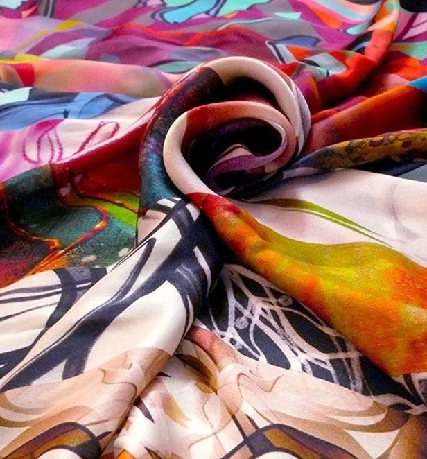 Close-up of colourful painted silk fabric from Lyon
