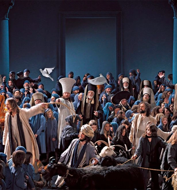 Cast performing the Oberammergau Passion Play on stage 