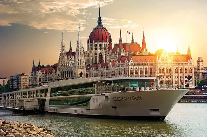 Emerald Sun docked on the Danube River before Hungary’s Parliament Building
