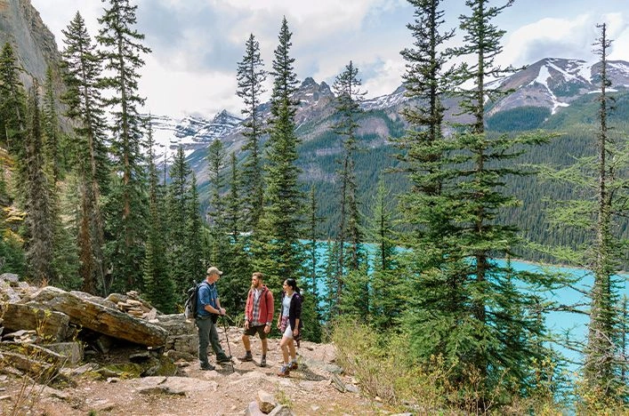 Three hikers on a forest trail overlooking Lake Louise
