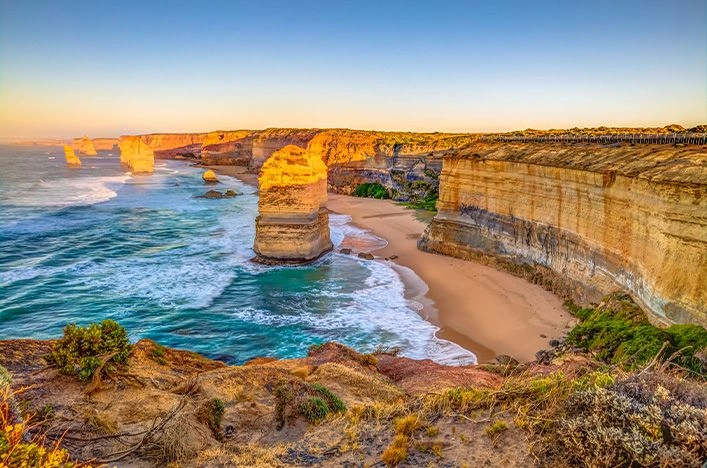 Limestone sea stacks and cliffs at the Twelve Apostles, Australia