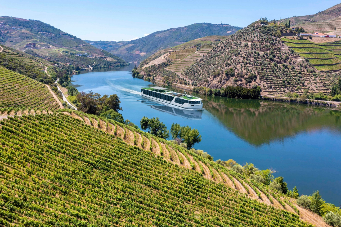 river cruise ship sailing down a river surrounded by vineyards
