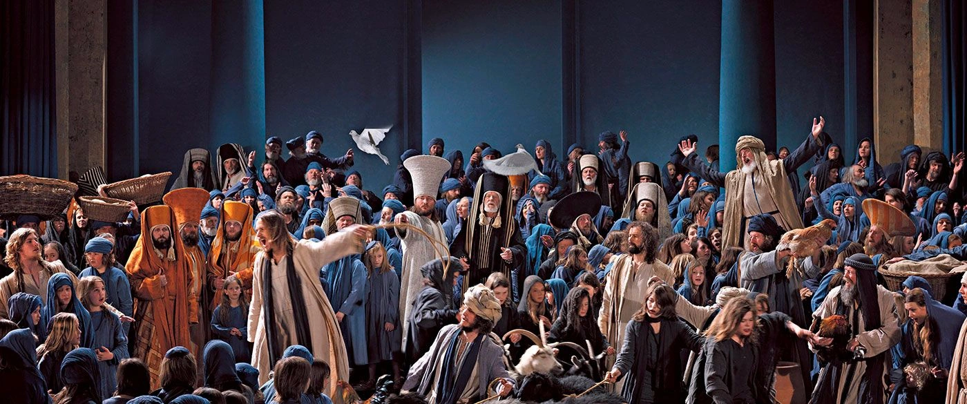 Cast performing the Oberammergau Passion Play on stage