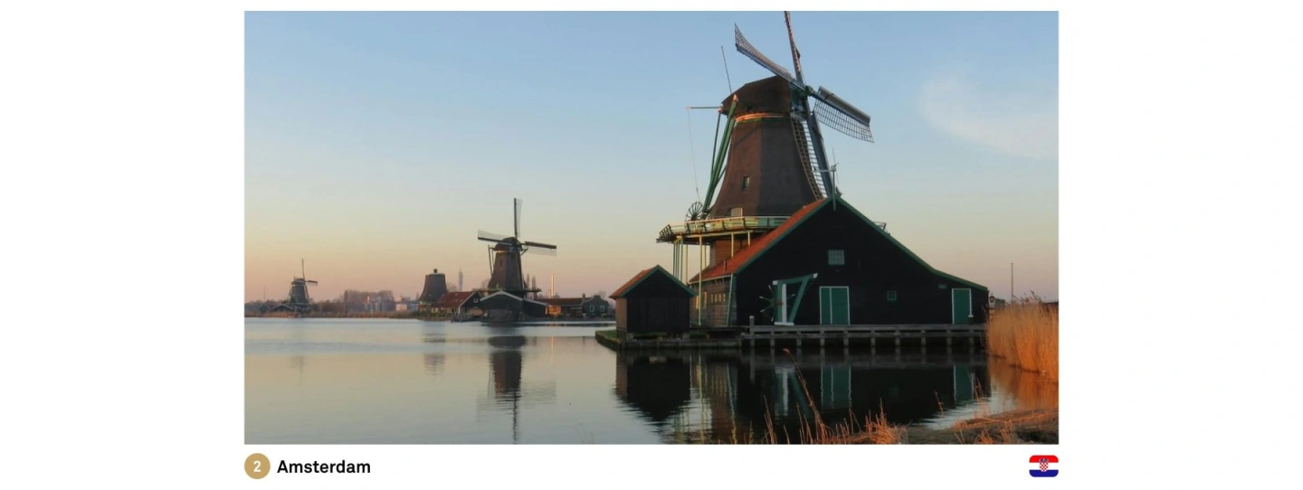 Amsterdam windmills next to a clear lake