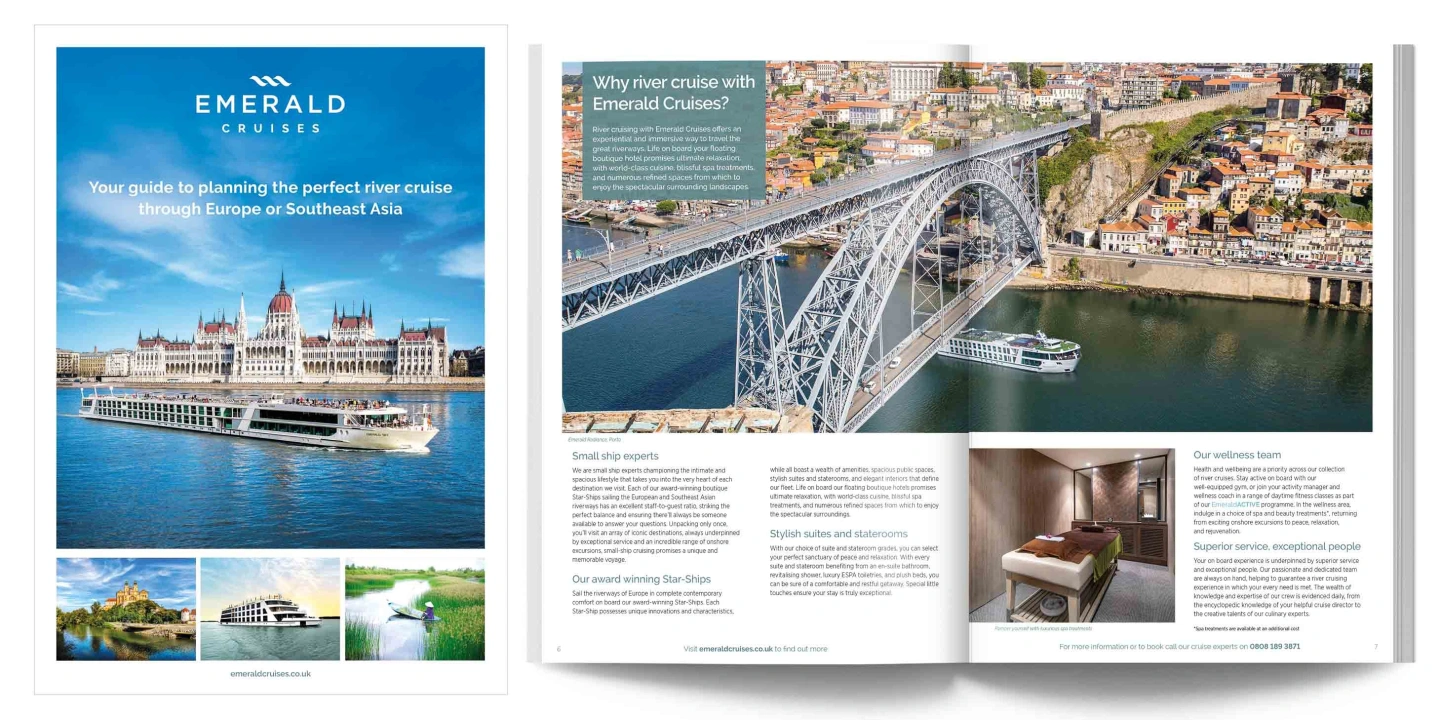 Brochure front cover, featuring a luxury yacht sailing clear blue waters on a bright sunny day