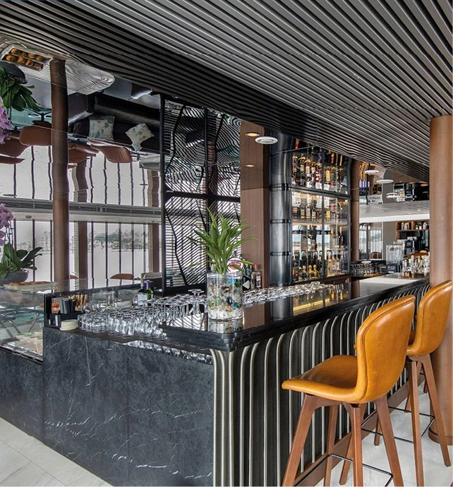 Bar area on board a luxury boutique river cruise ship