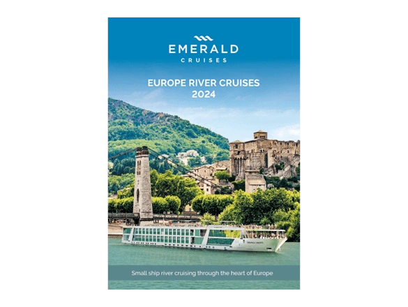 A luxury river cruise brochure, featuring a ship sailing past a hilly region, near a town with Medieval-style buildings