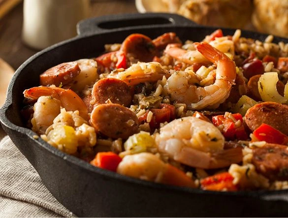 a pan of shrimp and sausage jambalaya
