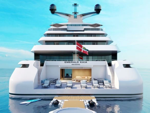 The back of a yacht ship with social spaces and marina platform