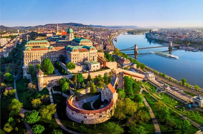 Overlooking the Danube River on a clear day in Budapest, Hungary