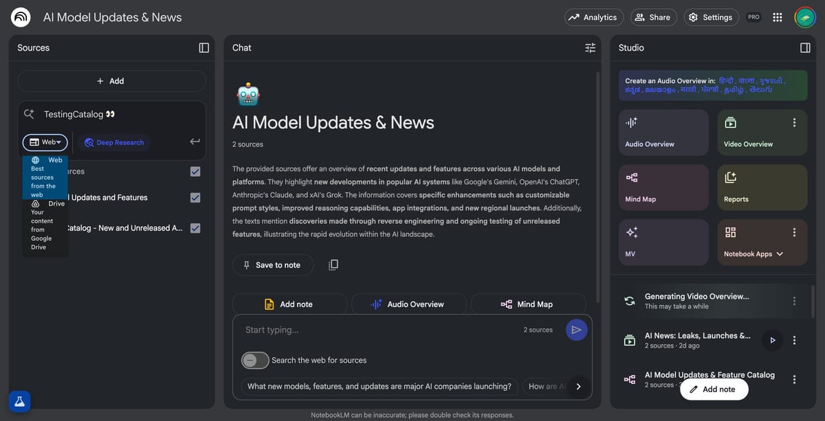Deep Research feature to enable NotebookLM web source integration