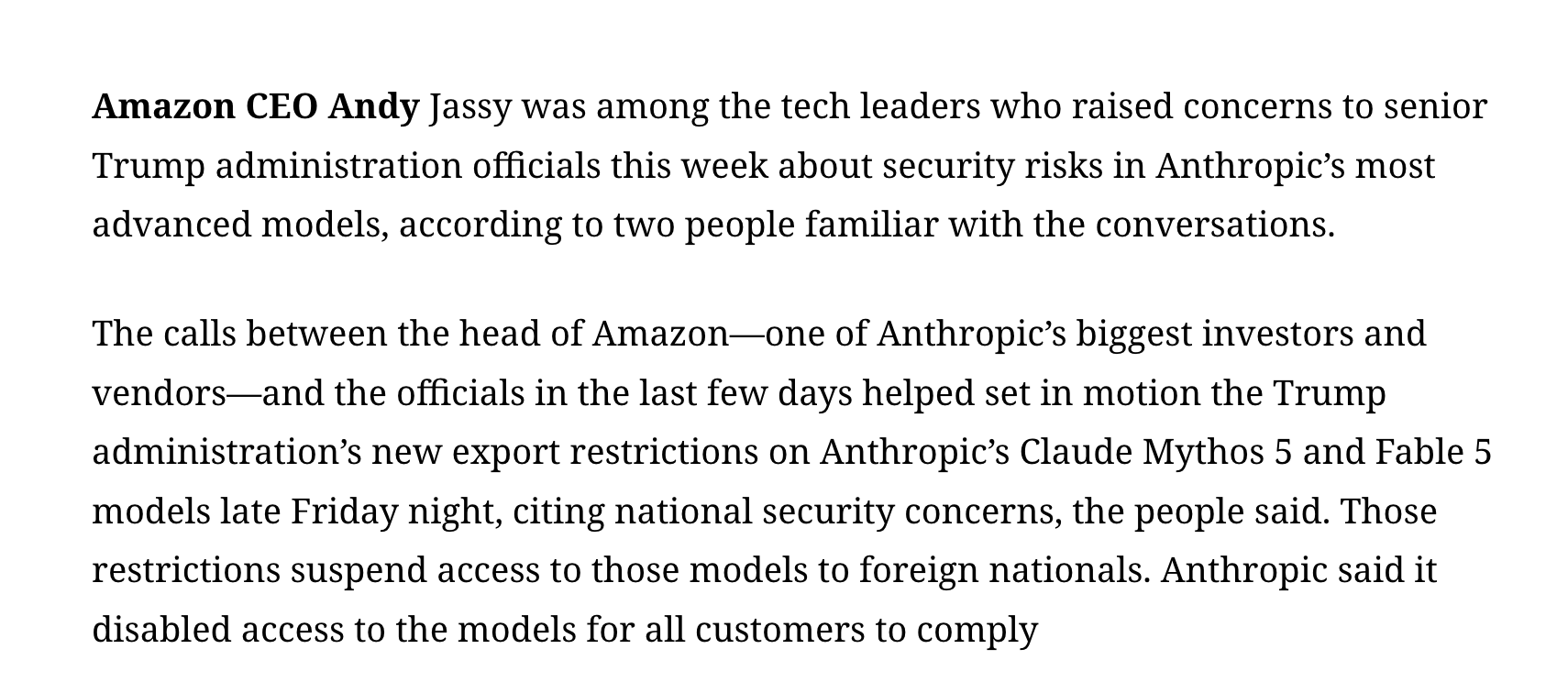 Stephanie Palazzolo on X reports Amazon CEO Andy Jassy raised security concerns about Anthropic's new models.