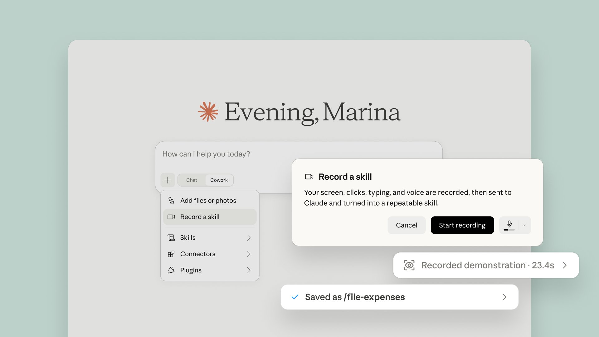 Claude on X introduces skill recording feature in desktop app.