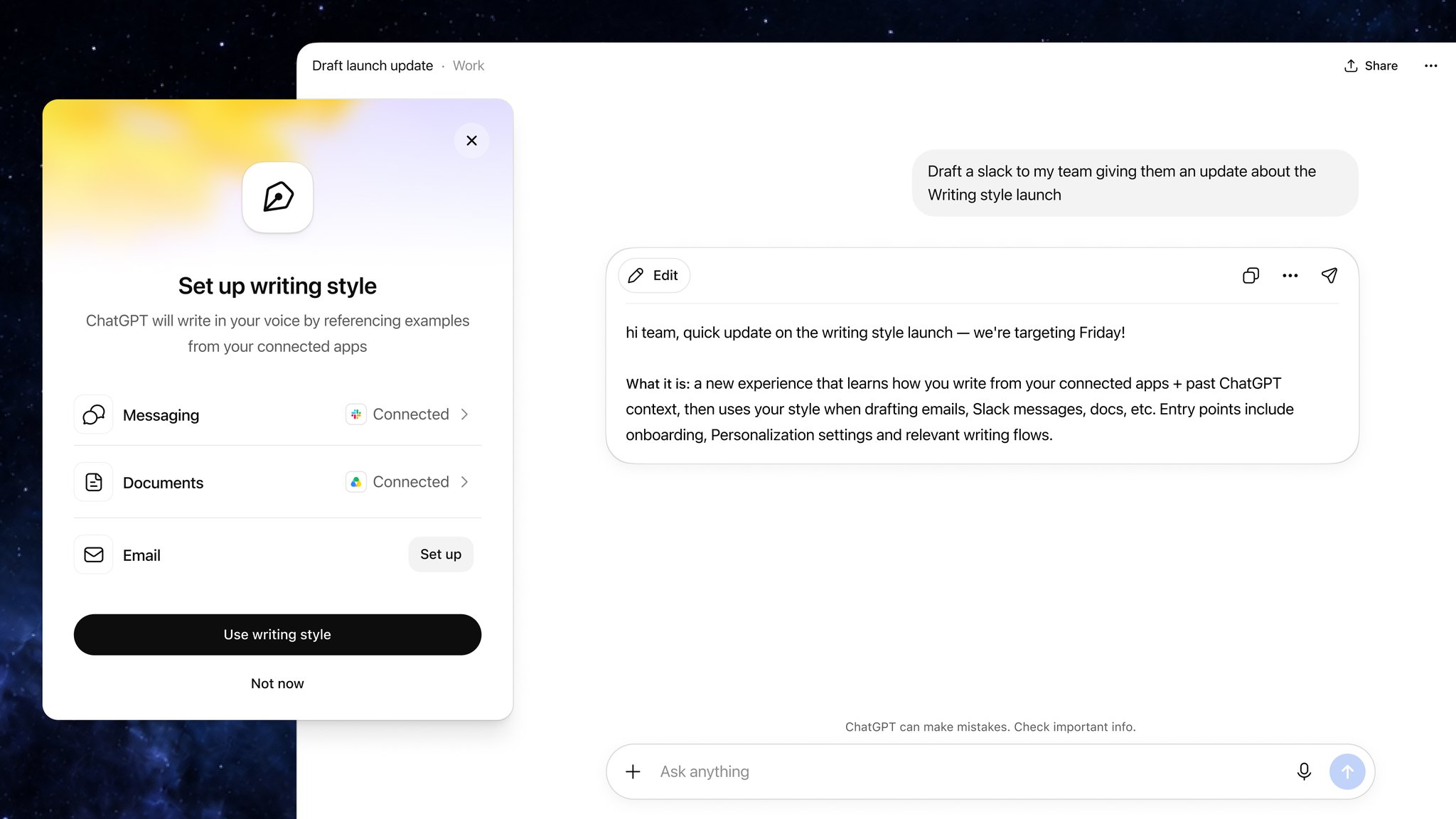 ChatGPT on X Work learns user writing styles from connected apps.