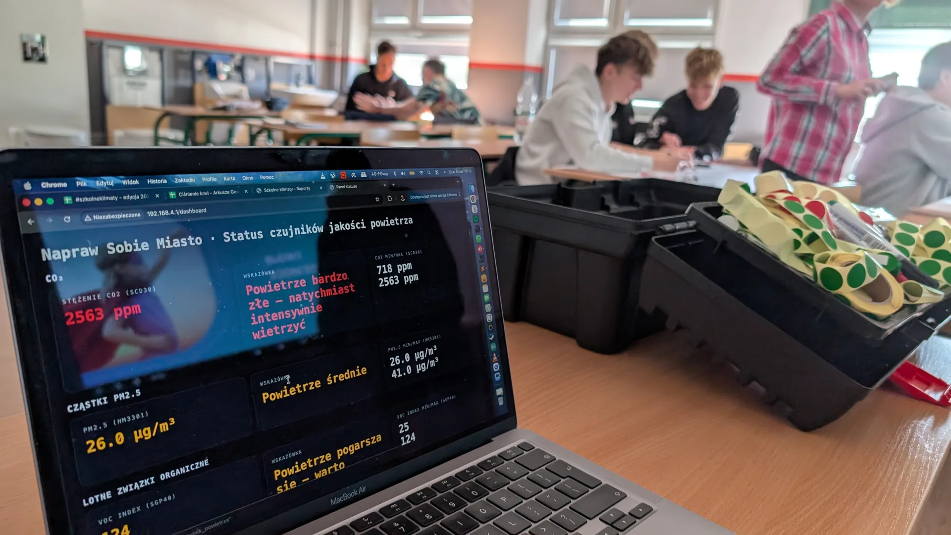 Laptop pokazuje dashboard pomiarów CO2 w klasie - powietrze złe, 2563 ppm