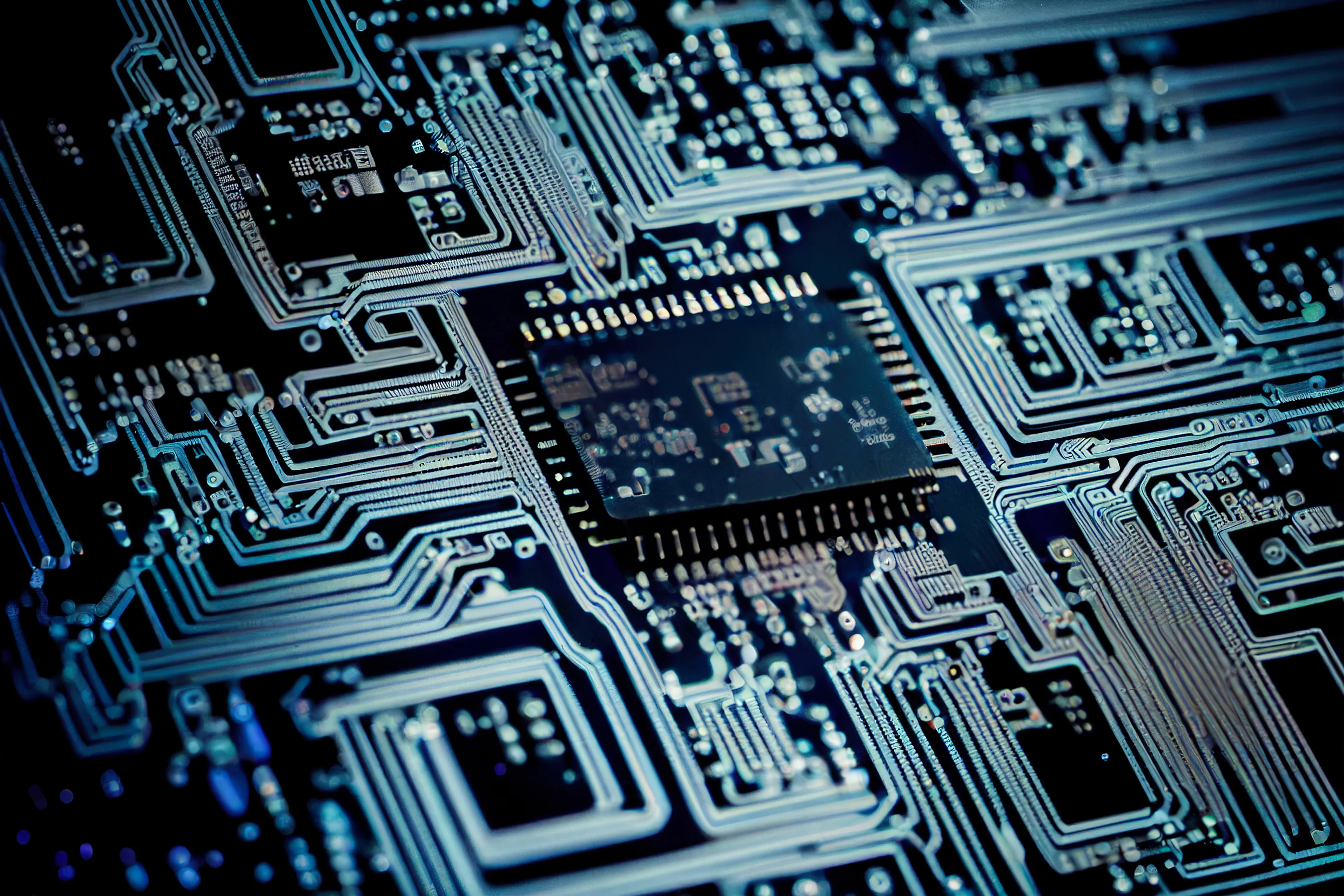 Close-up of a circuit board featuring a central microcontroller chip and intricate metallic PCB traces illuminated in cool tones
