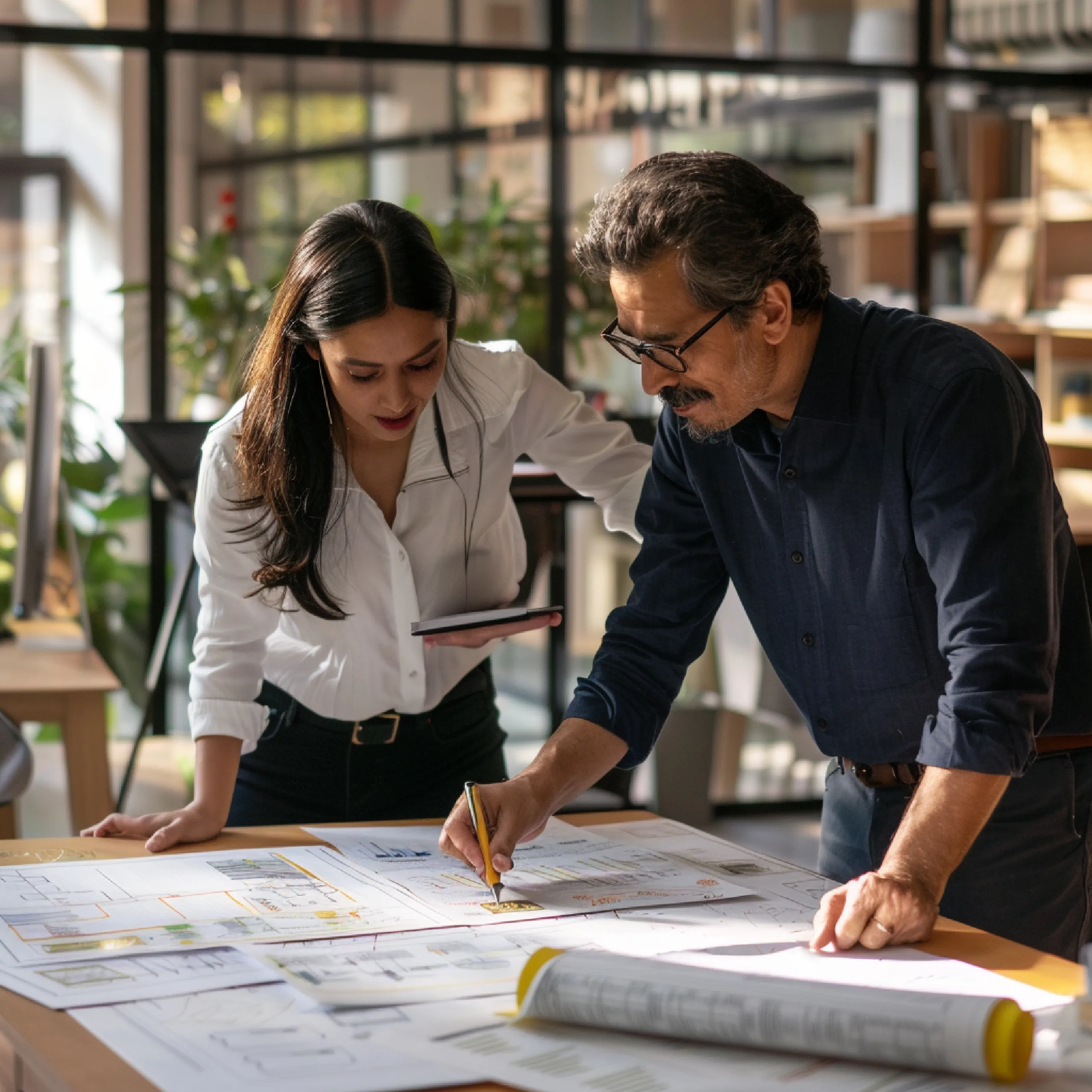 A man and a woman collaborating over large technical drawings on a table; she holds a tablet while he marks the blueprints with a pencil in a modern office