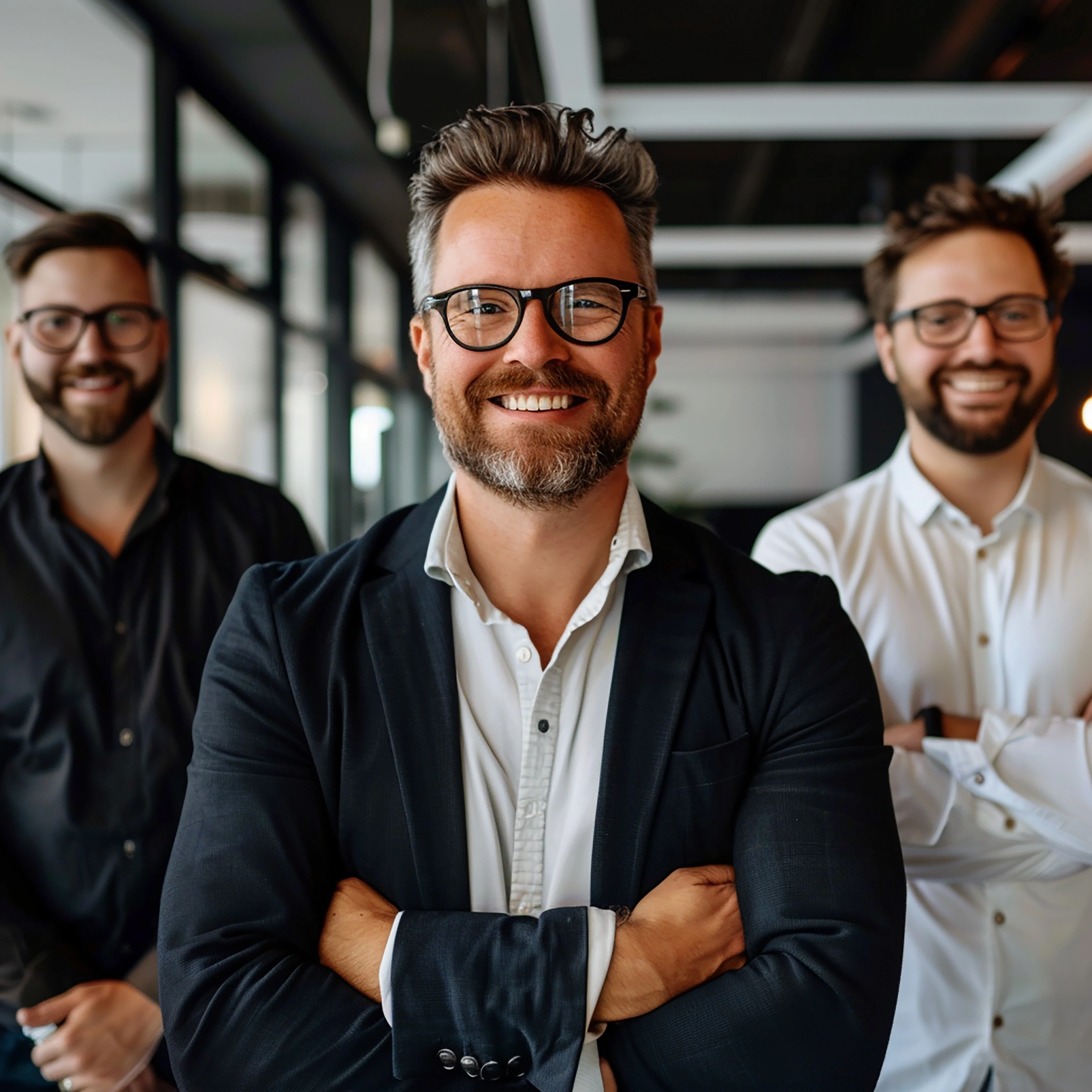 Three business professionals in an office; a smiling man with glasses stands at the front with his arms crossed, and two colleagues stand behind him, all looking confident.