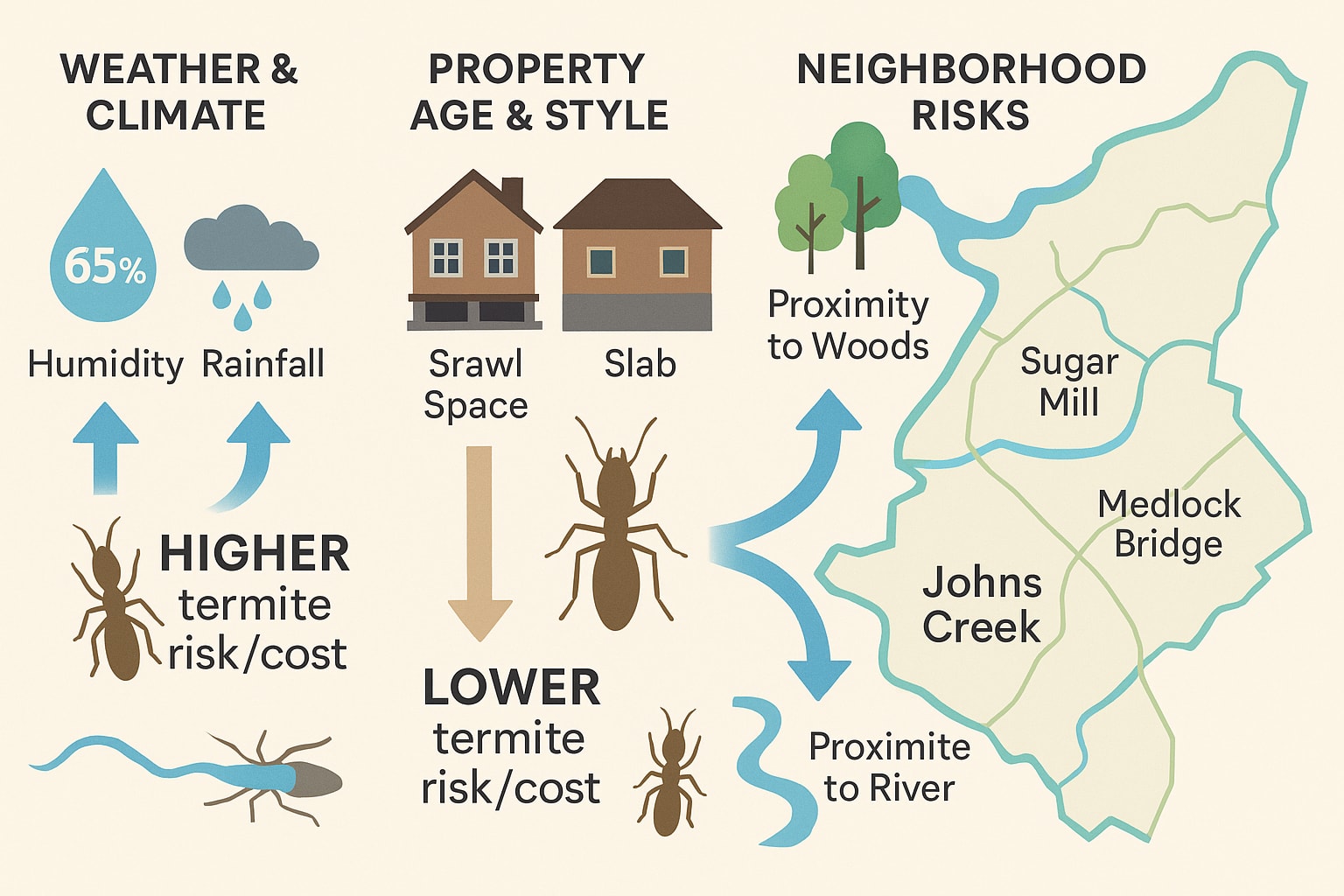 Higher termite risk/cost, Lower termite risk/cost in Johns Creek