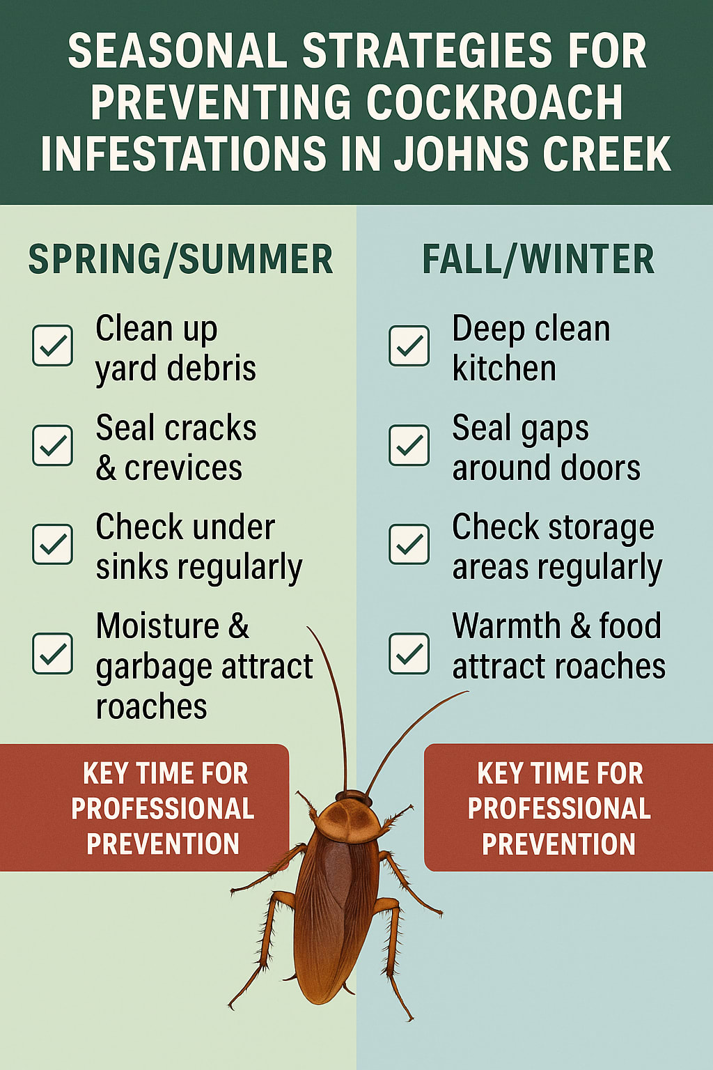 Seasonal strategies for preventing cockroach infestations in Johns Creek
