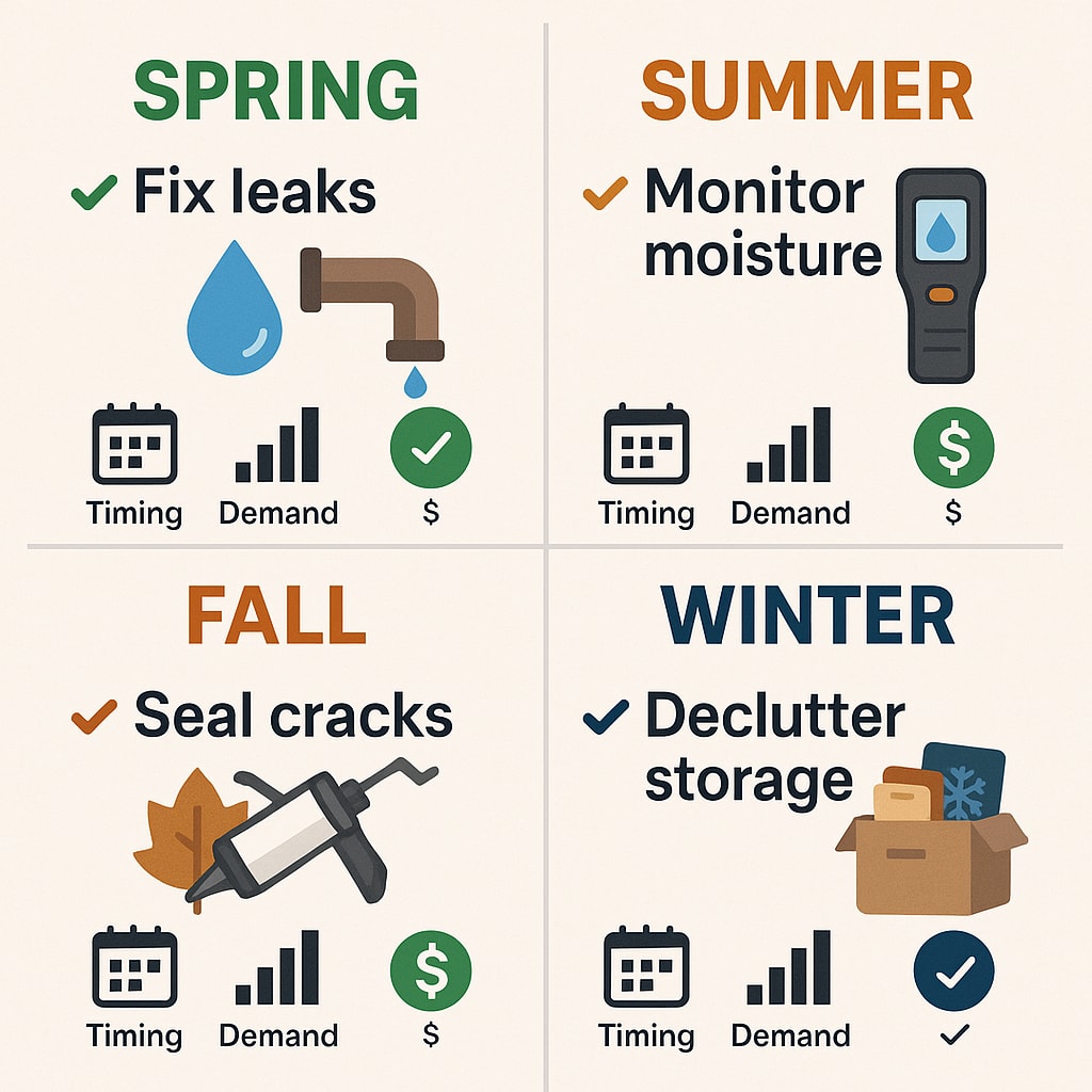Fix leaks, Monitor moisture, Seal cracks, Declutter storage in Johns Creek