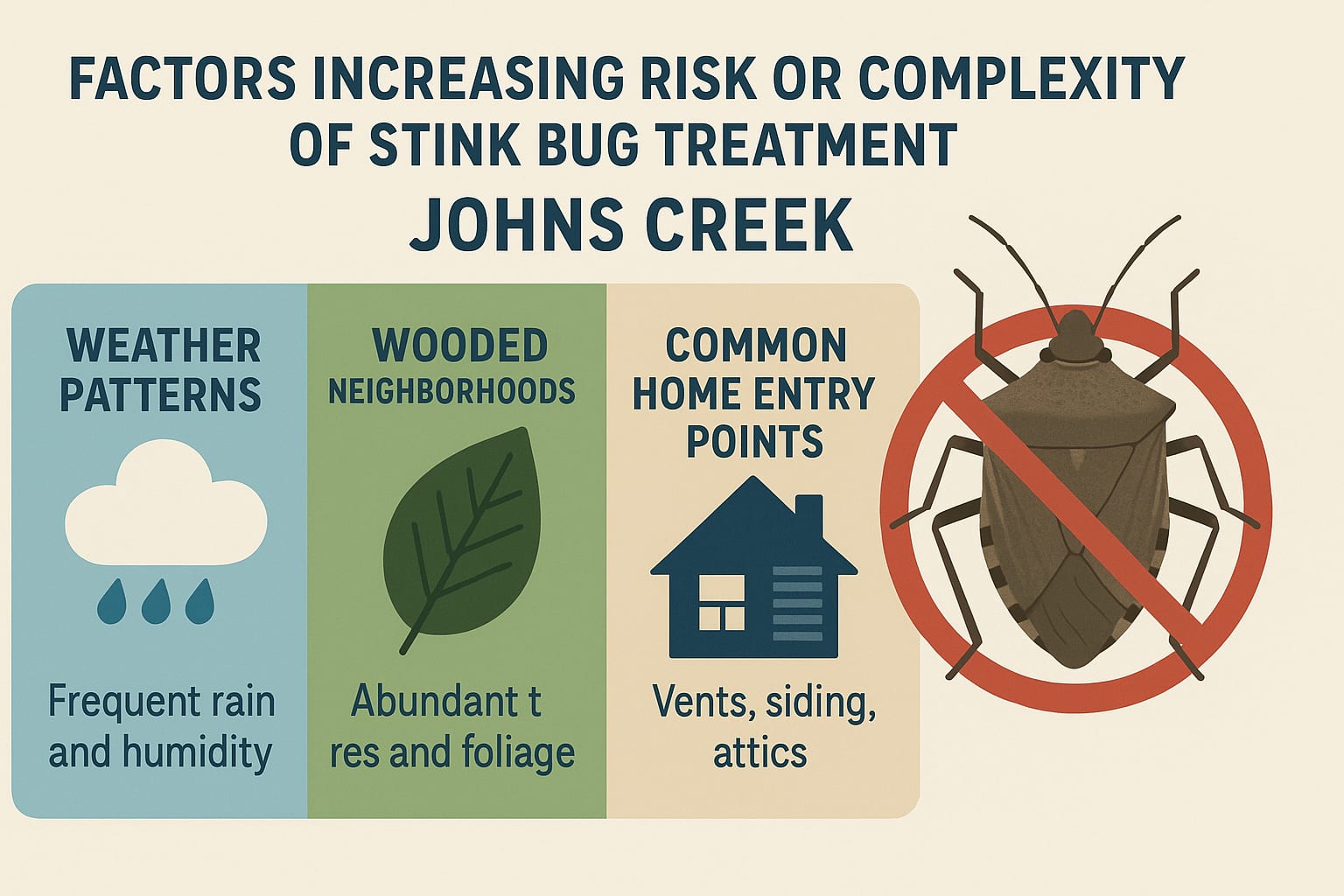 Factors increasing risk or complexity of stink bug treatment in Johns Creek 