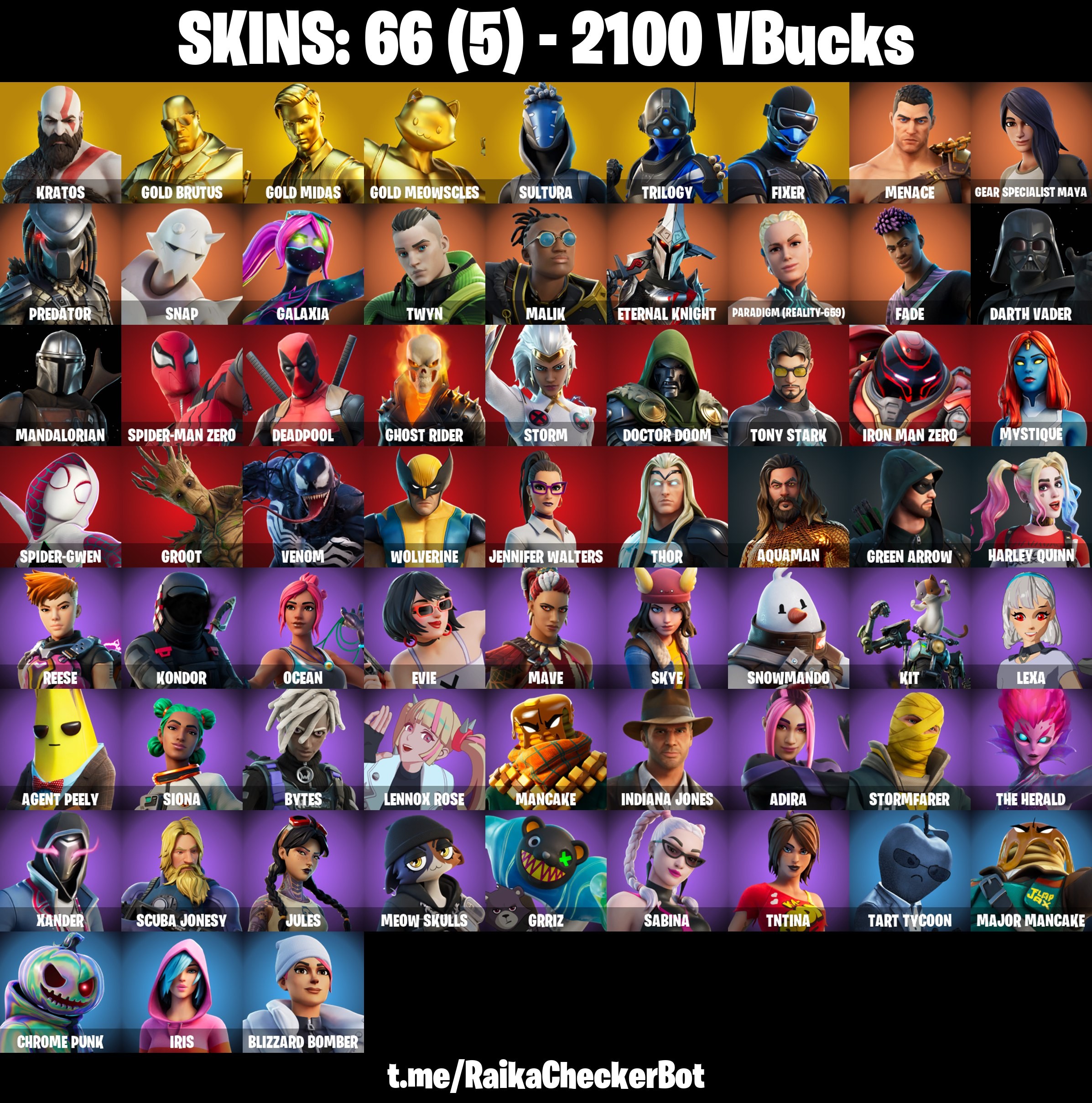 Fortnite Account ( PLAYSTATION / XBOX / PC / MOBILE / NINTENDO ) (LEVIATHAN AXE, GOLD MIDAS, KRATOS, GALAXIA, DEADPOOL) (66 Skins)