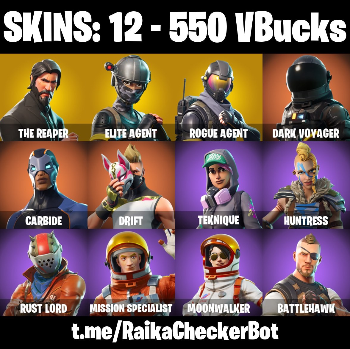 Fortnite Account ( PLAYSTATION / XBOX / PC / MOBILE / NINTENDO ) (THE REAPER, TAKE THE L, ELITE AGENT, ROGUE AGENT, DRIFT) (12 Skins)