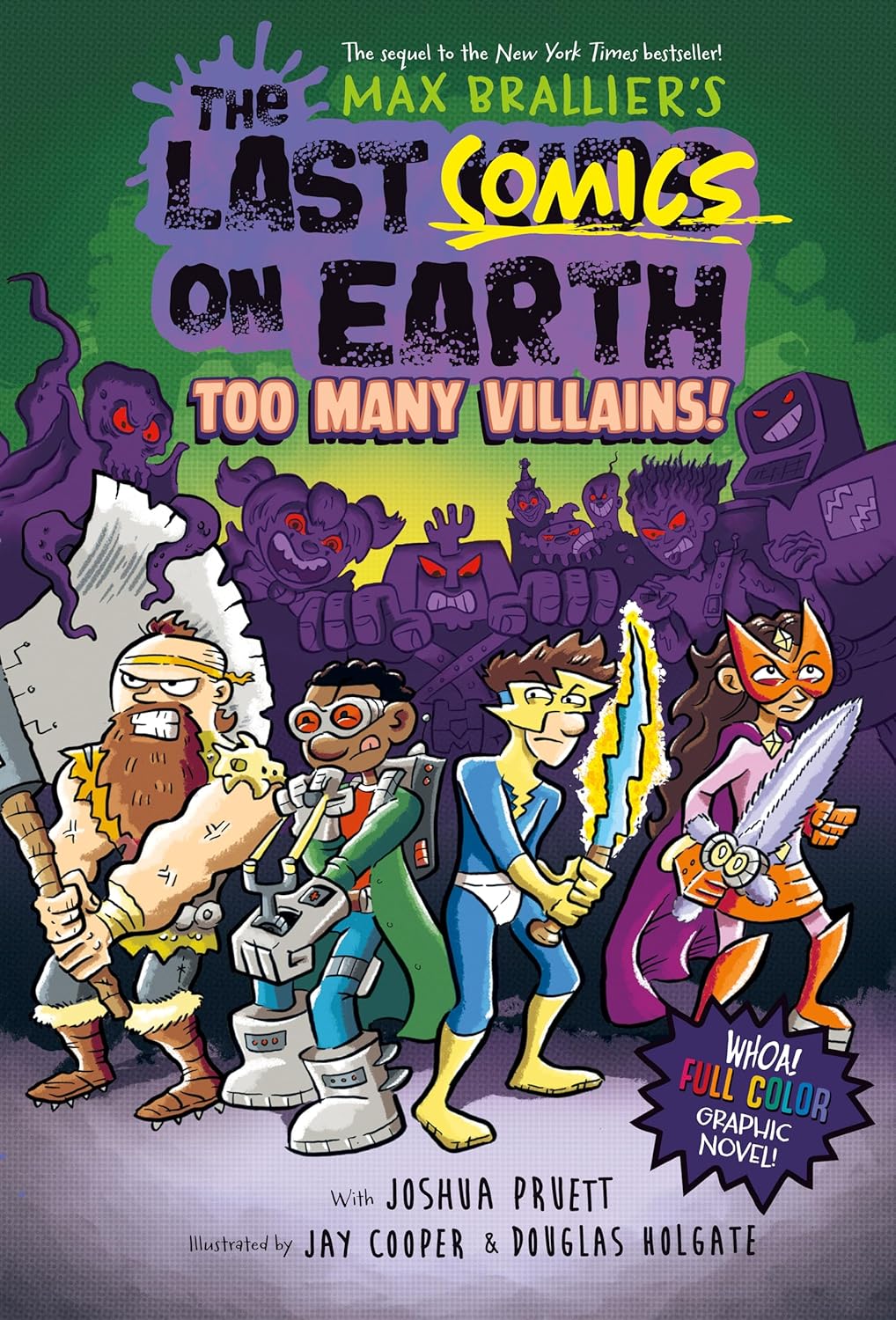 The Last Comics on Earth: Too Many Villains! by Max Brallier, book cover