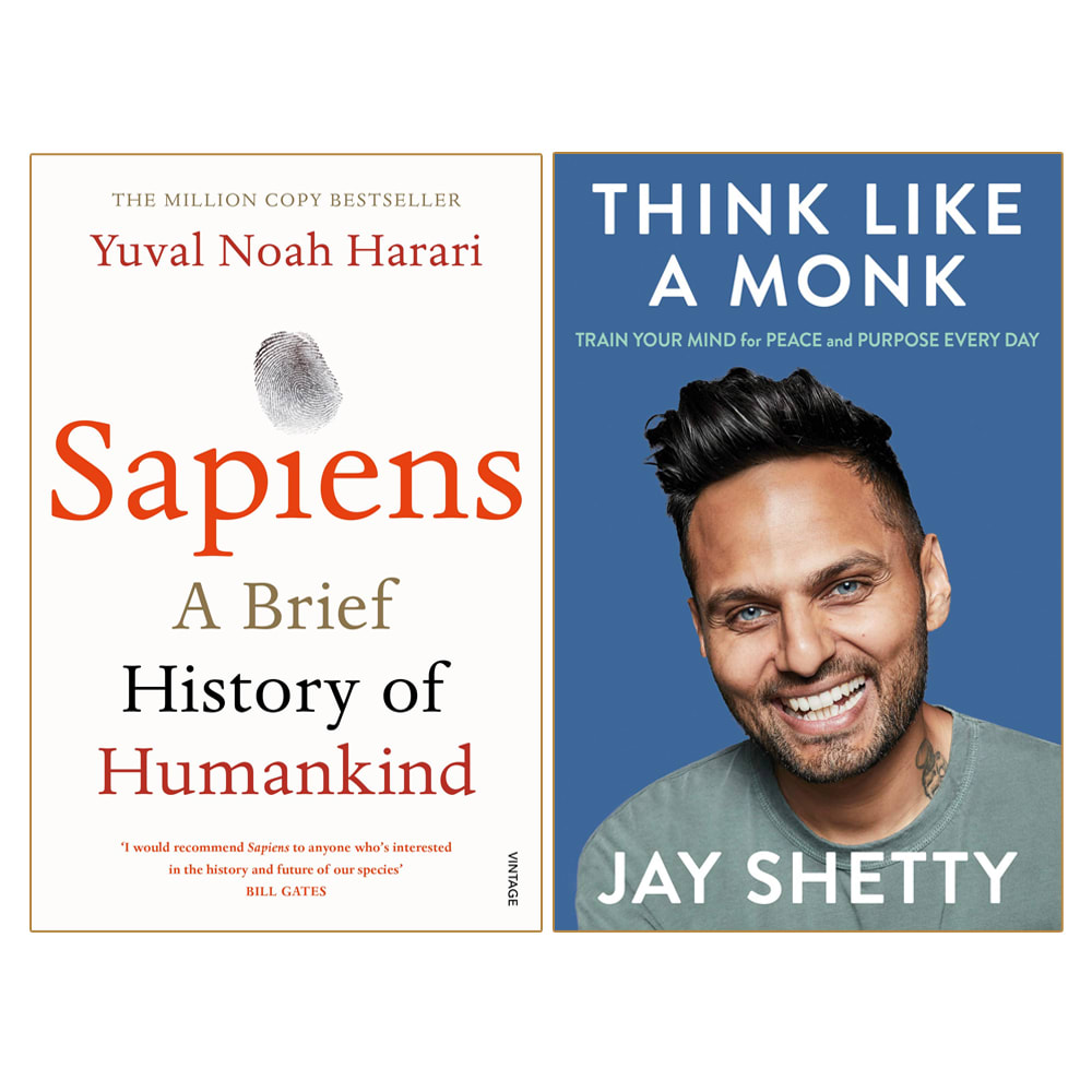 Sapiens: A Brief History of Humankind & Think Like a Monk by Jay Shetty, book cover