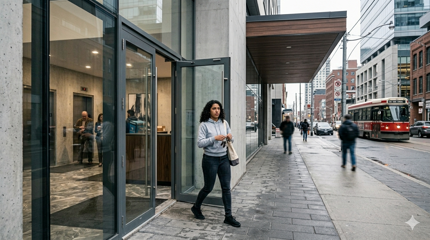 Resident leaving Toronto condo building for convenience store run