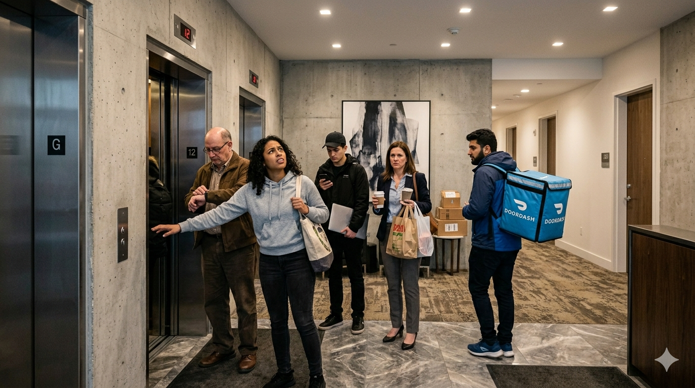 Elevator congestion from delivery traffic in Toronto condo building