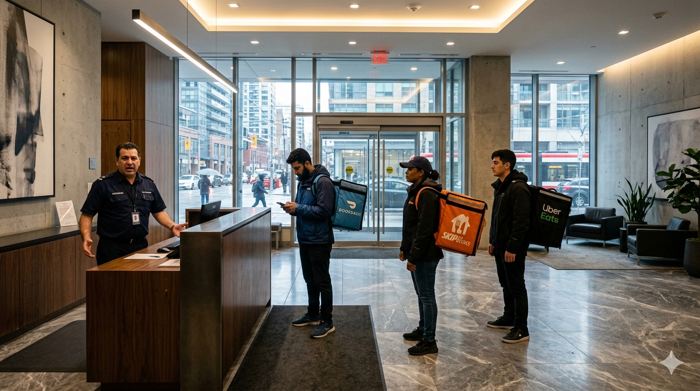 Delivery drivers flooding condo building lobby Toronto