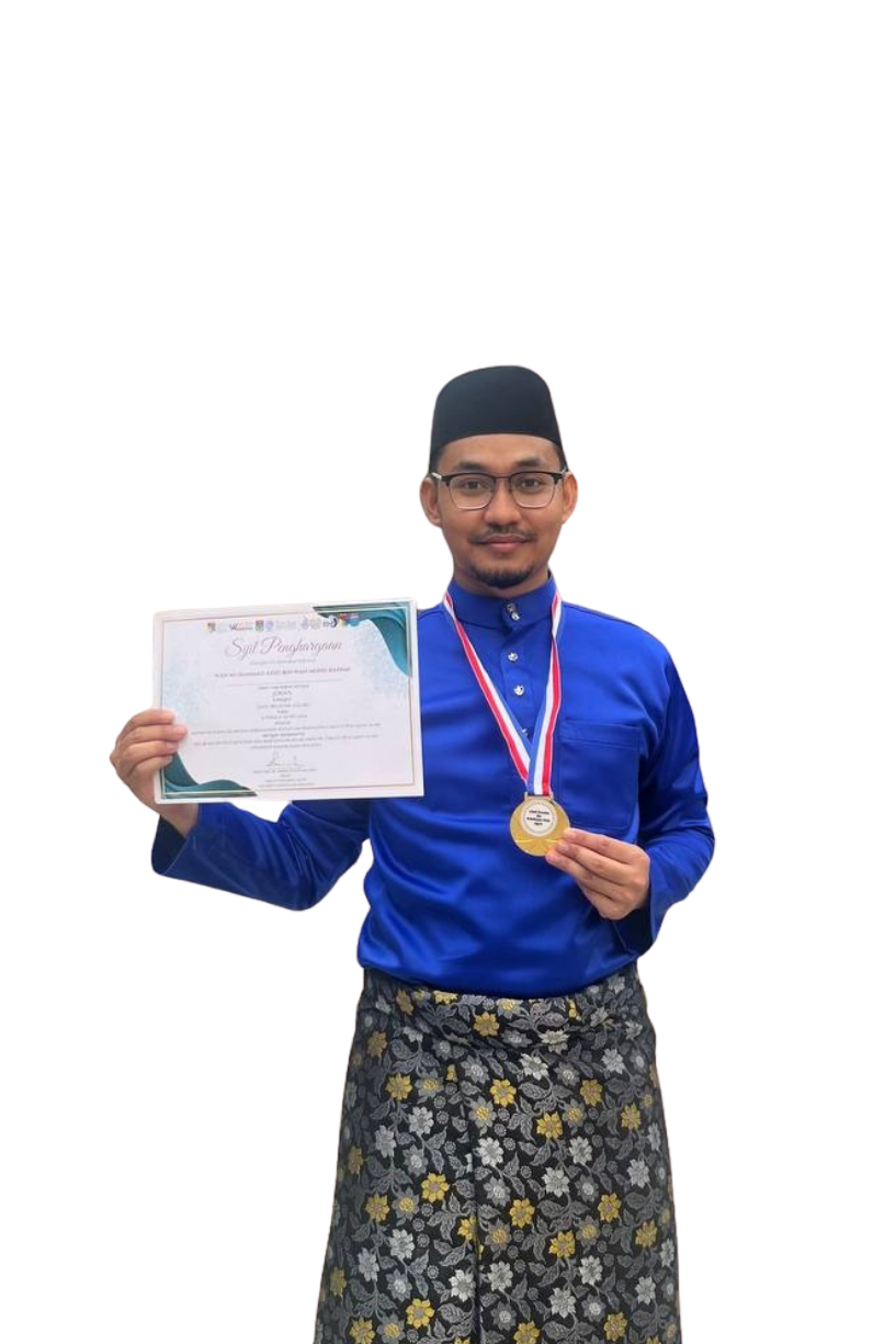 Wan Muhammad Azizi with a medal and certificate