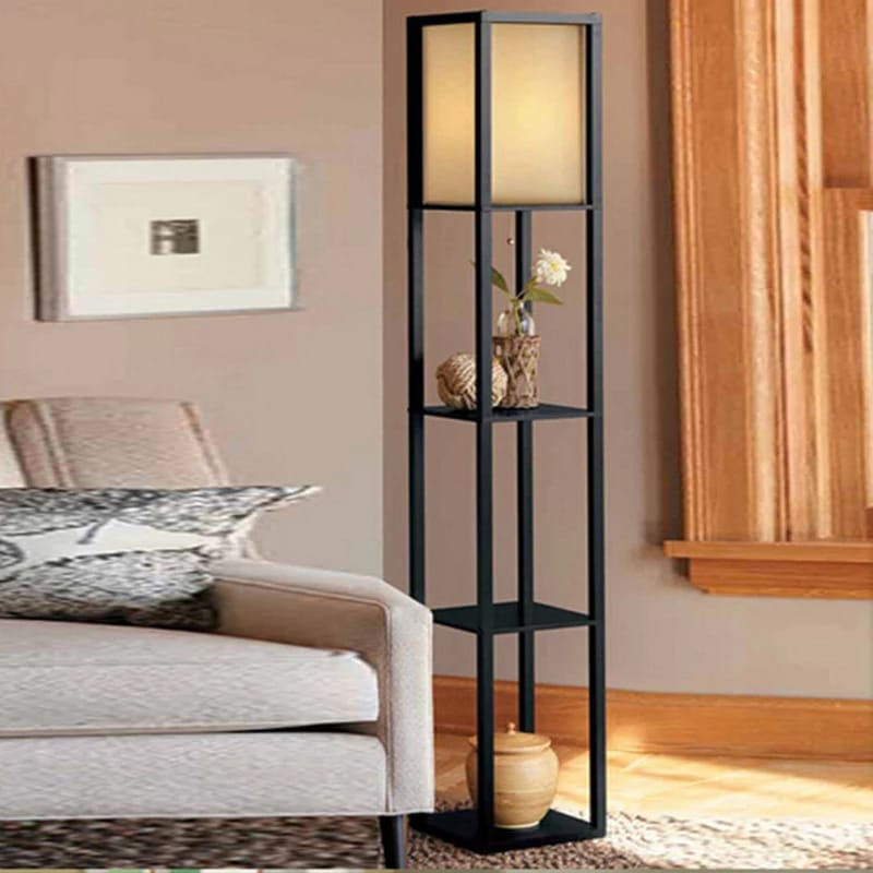 Black Shelving Floor Lamp with Fabric Shade
