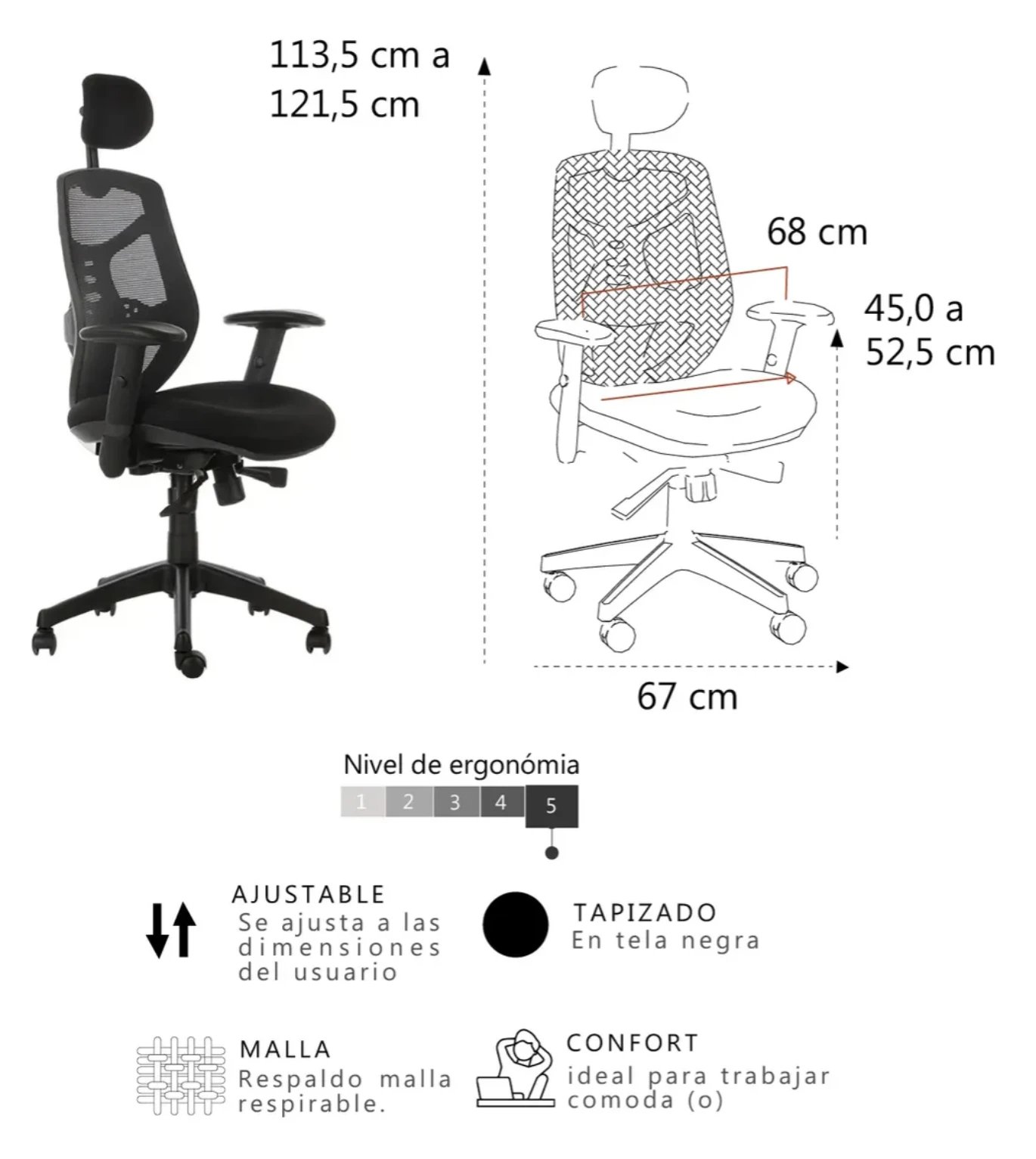 Silla Oficina Ergonomica Base Nylon Con Cabecero