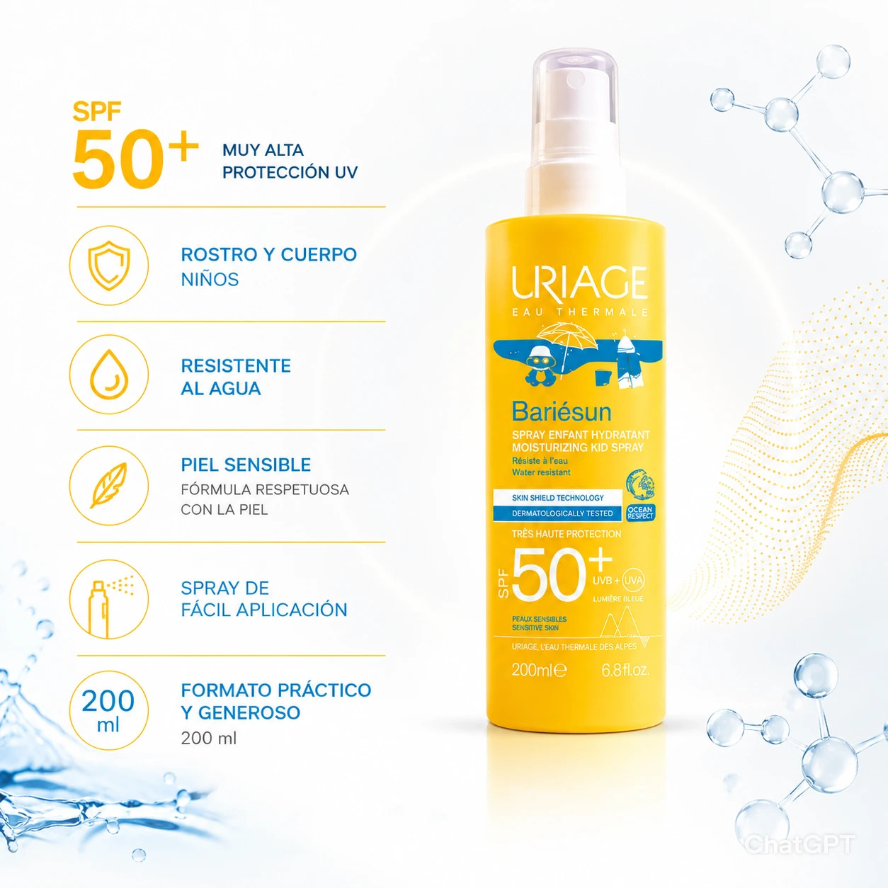 URIAGE BARIESUN SPF50+ KIDS SPRAY 200ML | PROTECTOR SOLAR NIÑOS ROSTRO Y CUERPO | CAJA X 35 UNIDADES - Imagen 4
