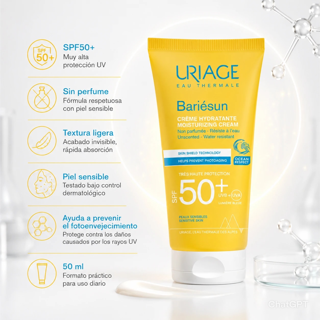 URIAGE BARIESUN SPF50+ FRAGRANCE FREE CREAM 50ML | CAJA X 42 UNIDADES | PROTECTOR SOLAR FACIAL - Miniatura 2