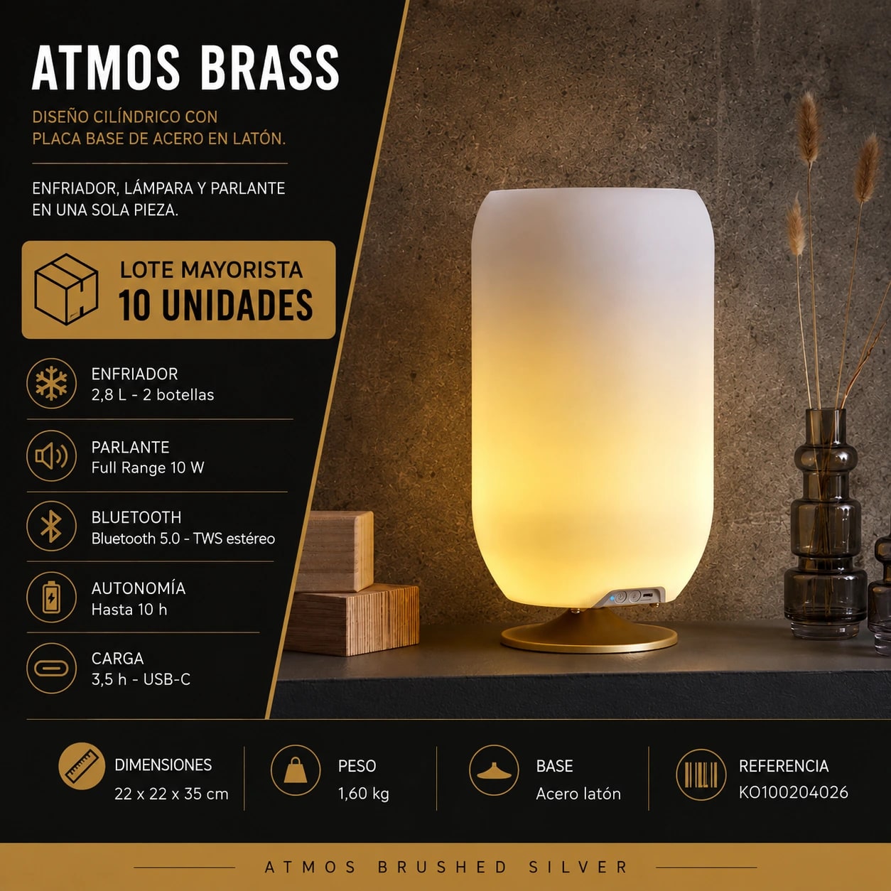 LOTE ATMOS BRASS | LÁMPARA LED CON PARLANTE BLUETOOTH Y ENFRIADOR PARA 2 BOTELLAS - Miniatura 2