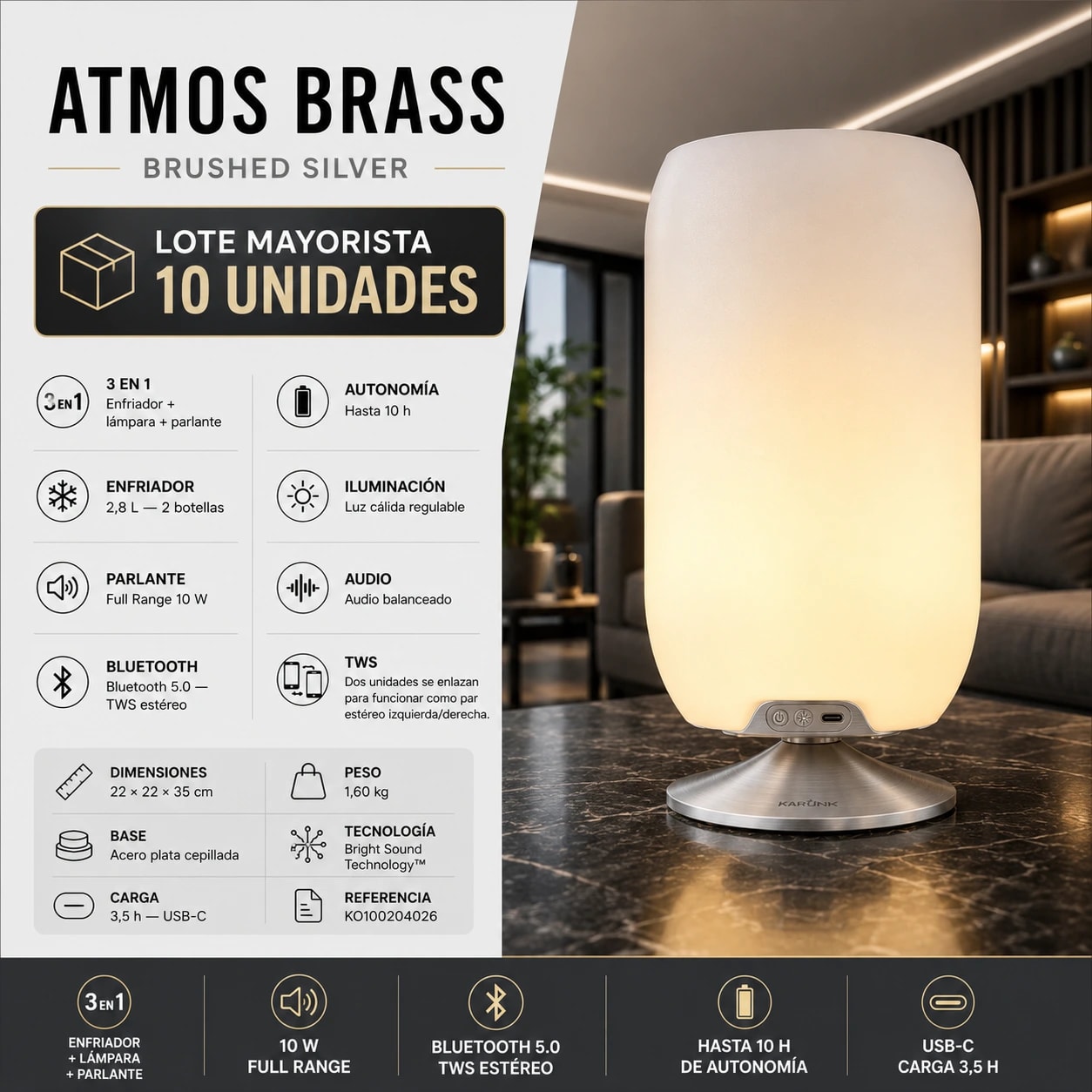LOTE ATMOS BRUSHED SILVER | LÁMPARA LED CON BLUETOOTH Y ENFRIADOR PARA 2 BOTELLAS - Miniatura 2