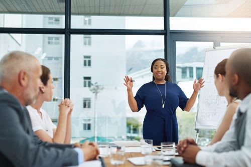 Business leader speaks to colleagues in a conference room.